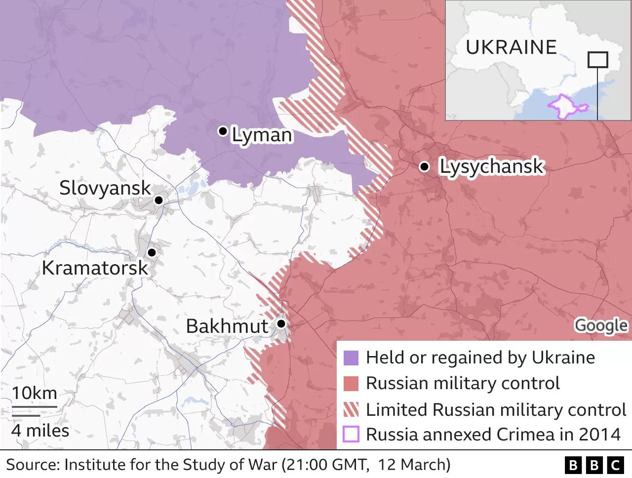 Map of Ukraine showing Russian and Ukraine held territories