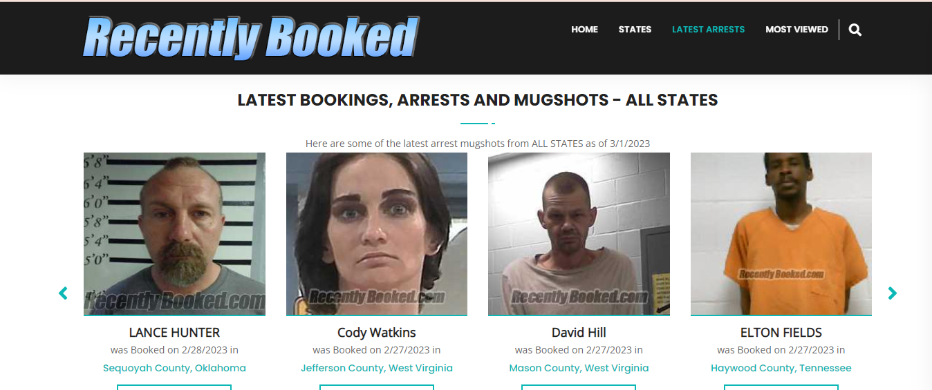 Screenshot of Recently Booked showing "Latest Bookings, Arrest, And Mugshots - All States" section