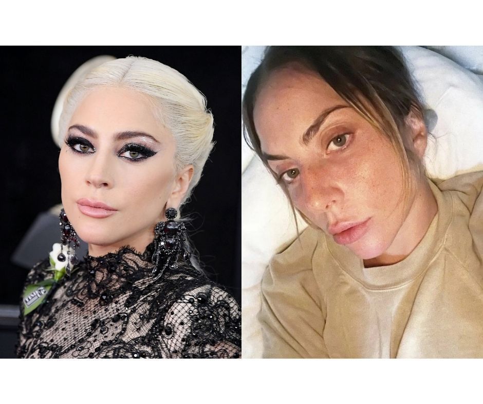 Lady Gaga is wearing a black suit with black earrings on the left, and her makeup-free selfie is on the right
