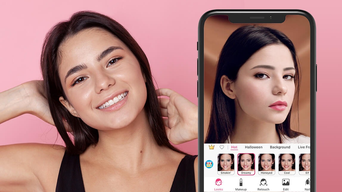 A girl before and after using digital makeup/makeup filter
