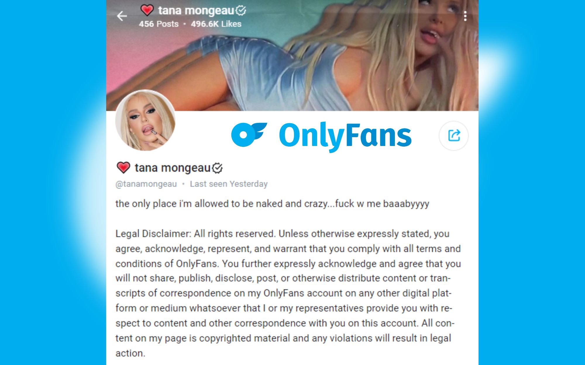 A screenshot of Tana Mongeau's free OnlyFans account with a picture of herself on top