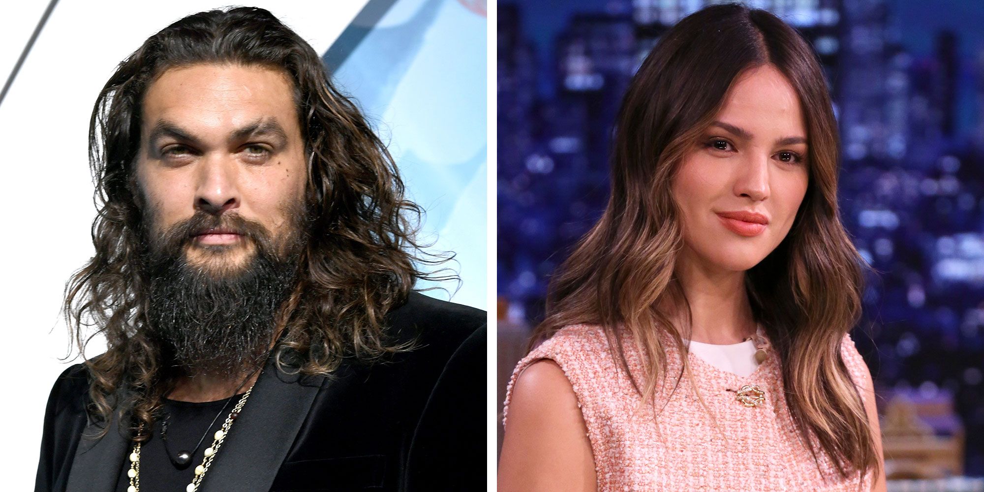 Jason Momoa is on the left, wearing a black outfit and sporting wavy long hair, while Eiza is on the right, looking stunning in pink
