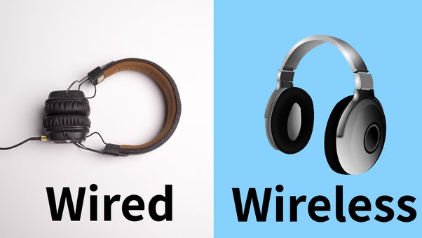 Wireless headphones on a sky blue background and wired headphones on a white background
