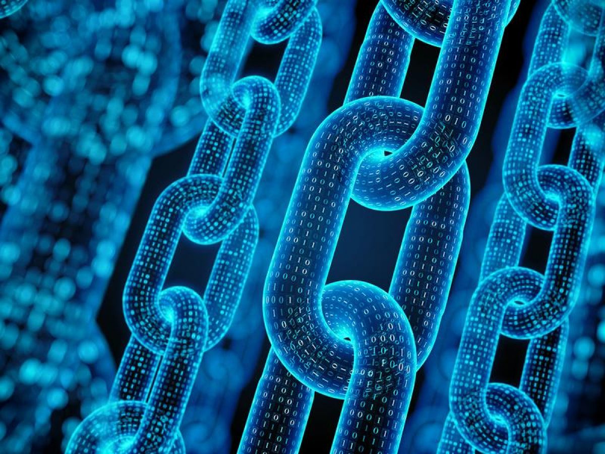 Digital illustration of a blue blockchain technology