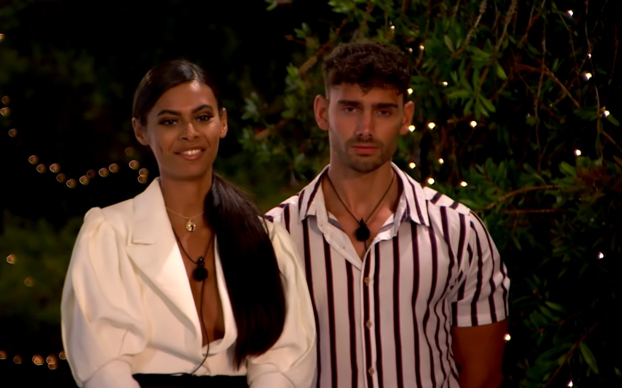‘Love Island’ couple Sophie Piper in a long sleeve white outfit and Wallace Wilson in striped white polo