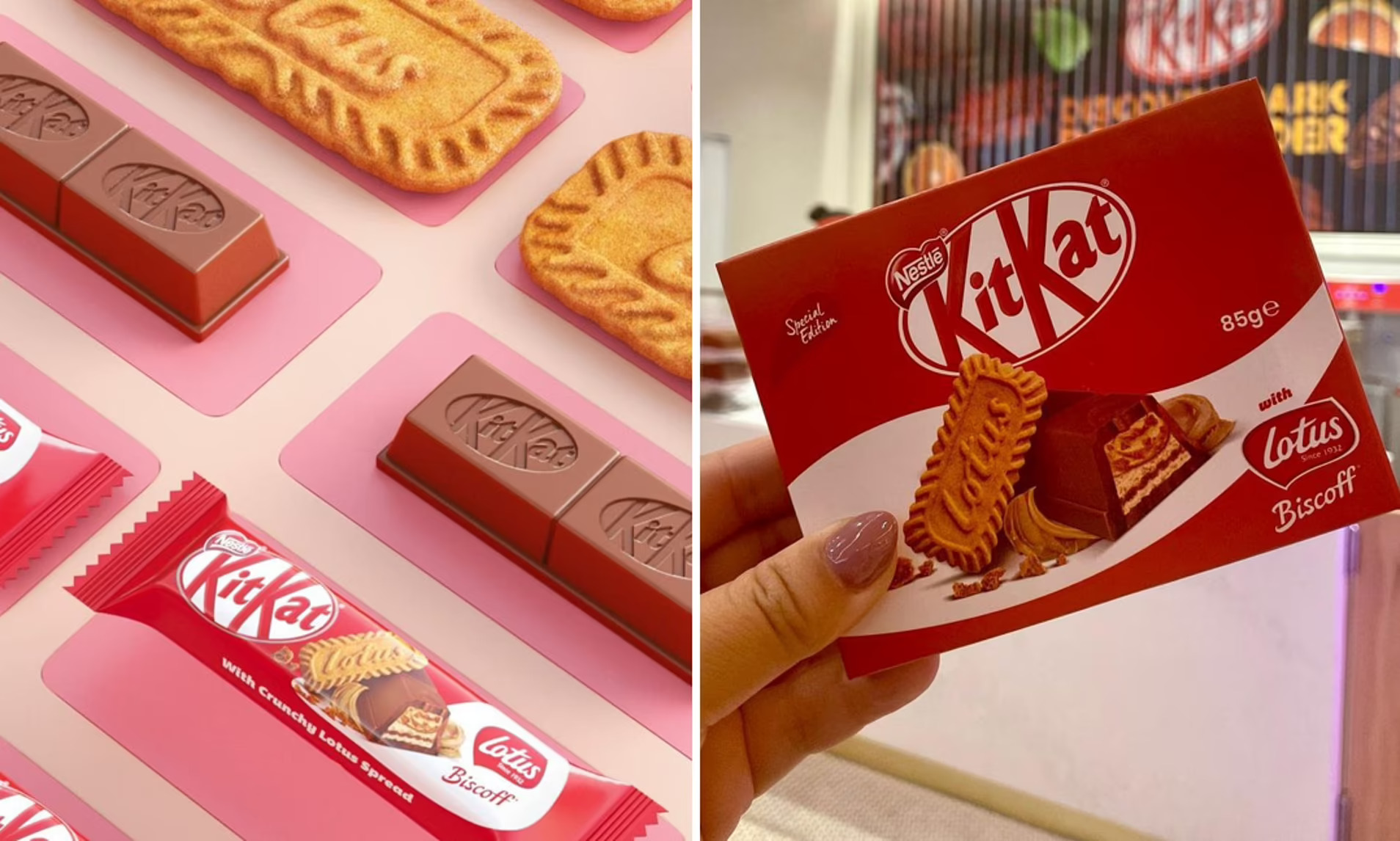 Biscoff Kitkats, Kitkats, Lotus biscuits on a pink surface; A hand holding a Biscoff Kitkat box