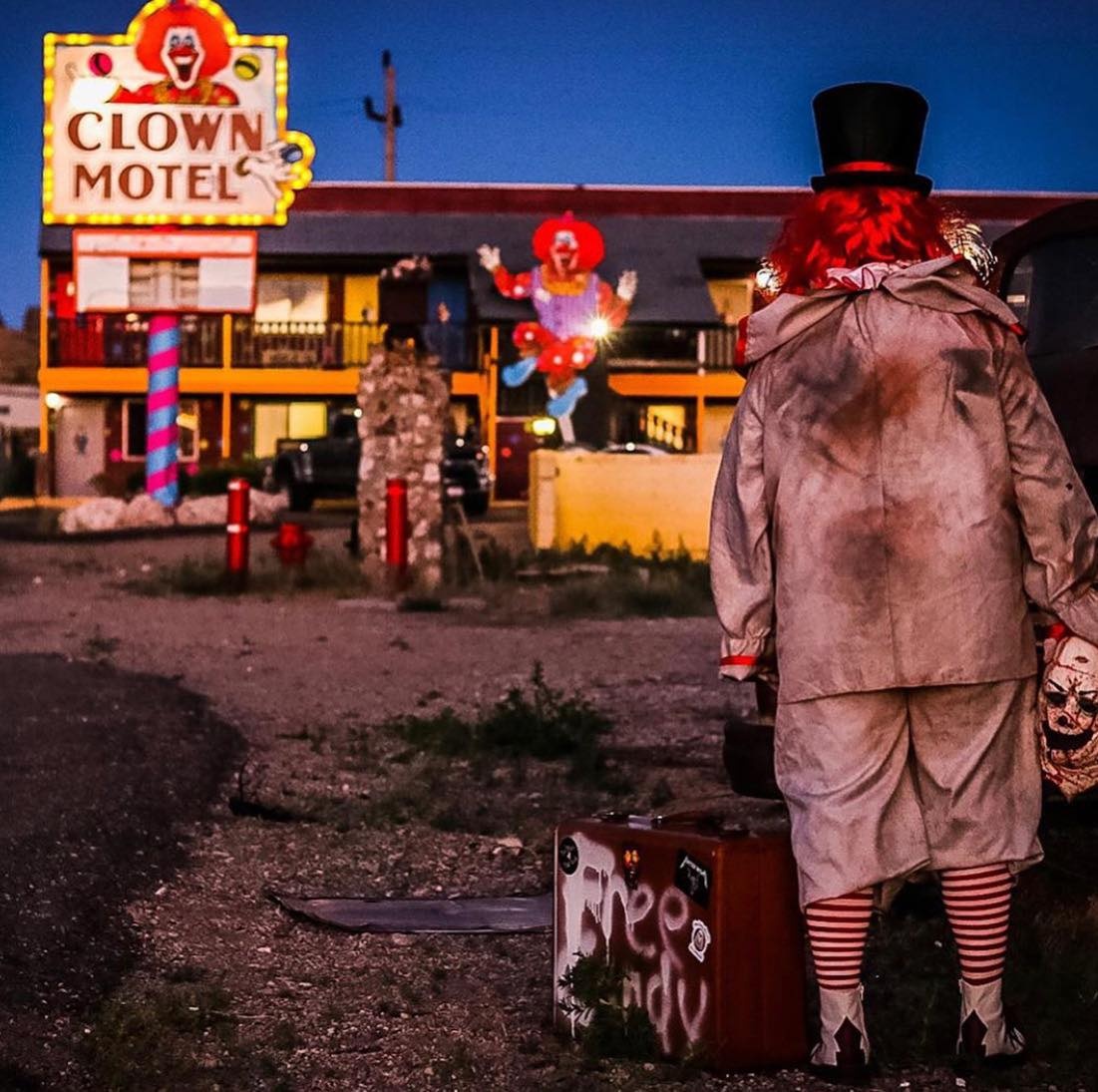A haunted joker heading towards Clown Motel