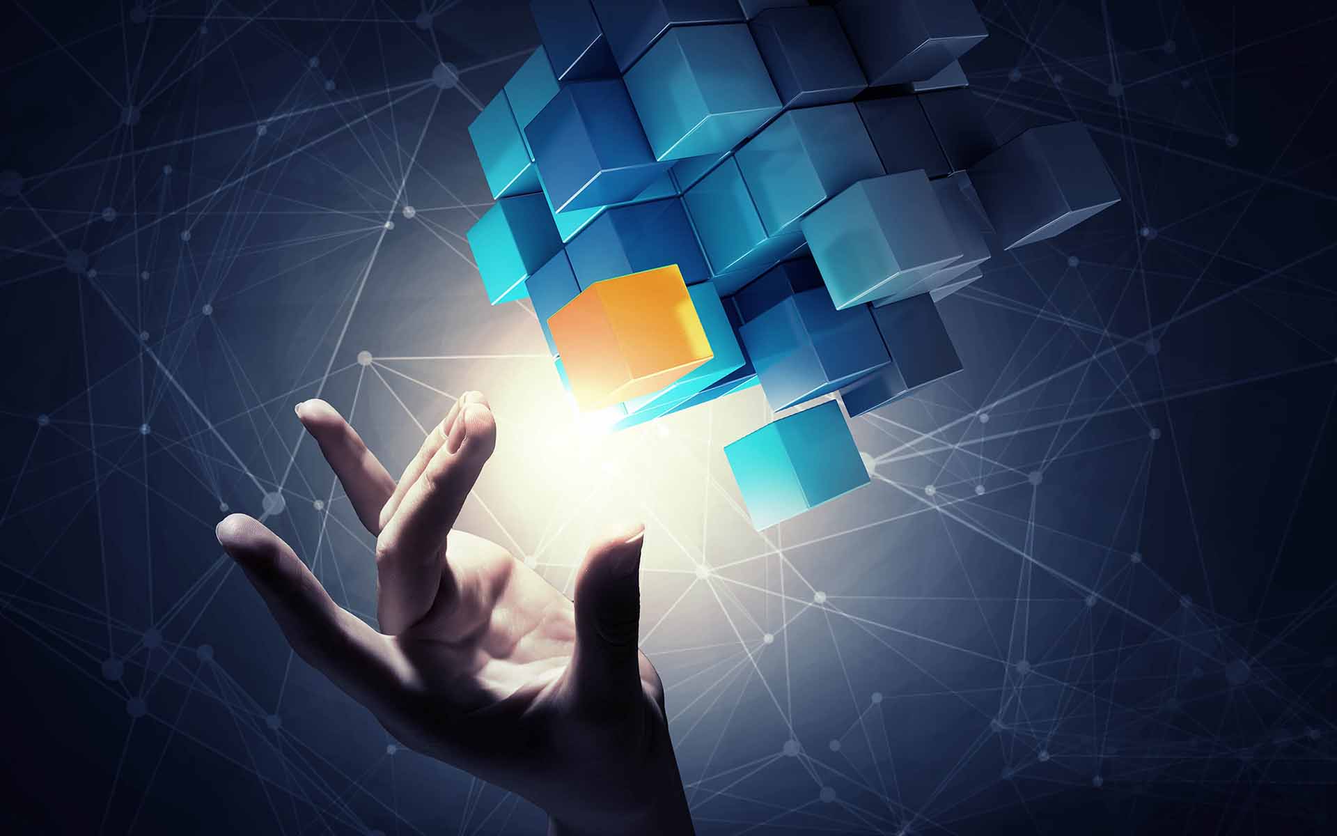 Digital illustration of a hand trying to hold yellow and blue cubes