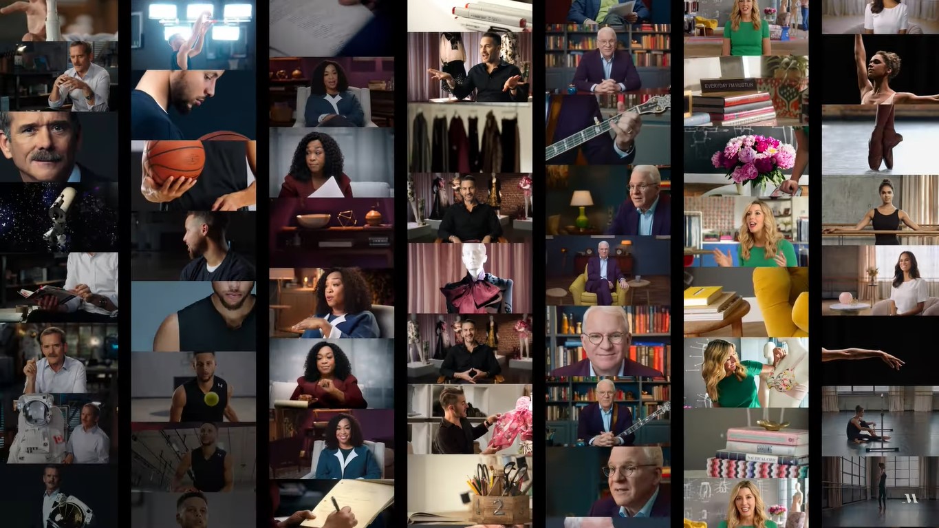 Collage of videos of celebrity MasterClass, with one column near the middle showing Steve Martin
