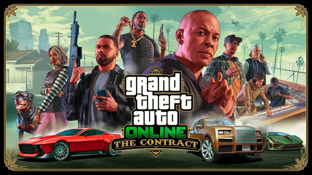 GTA online the contract poster with cars, dog, and people