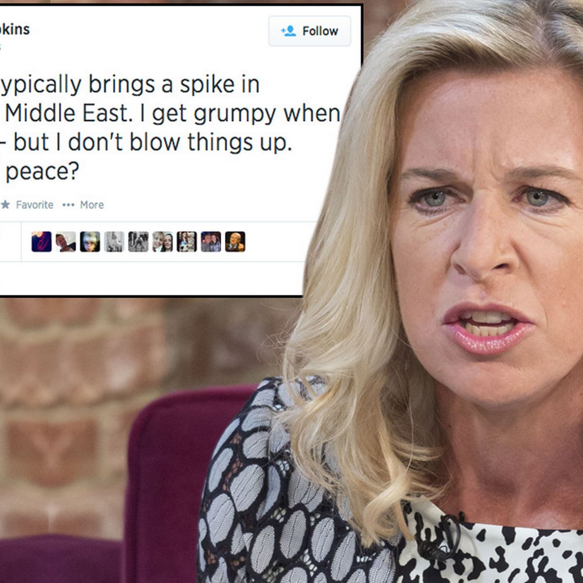 Angry Katie Hopkins on the background of her tweet