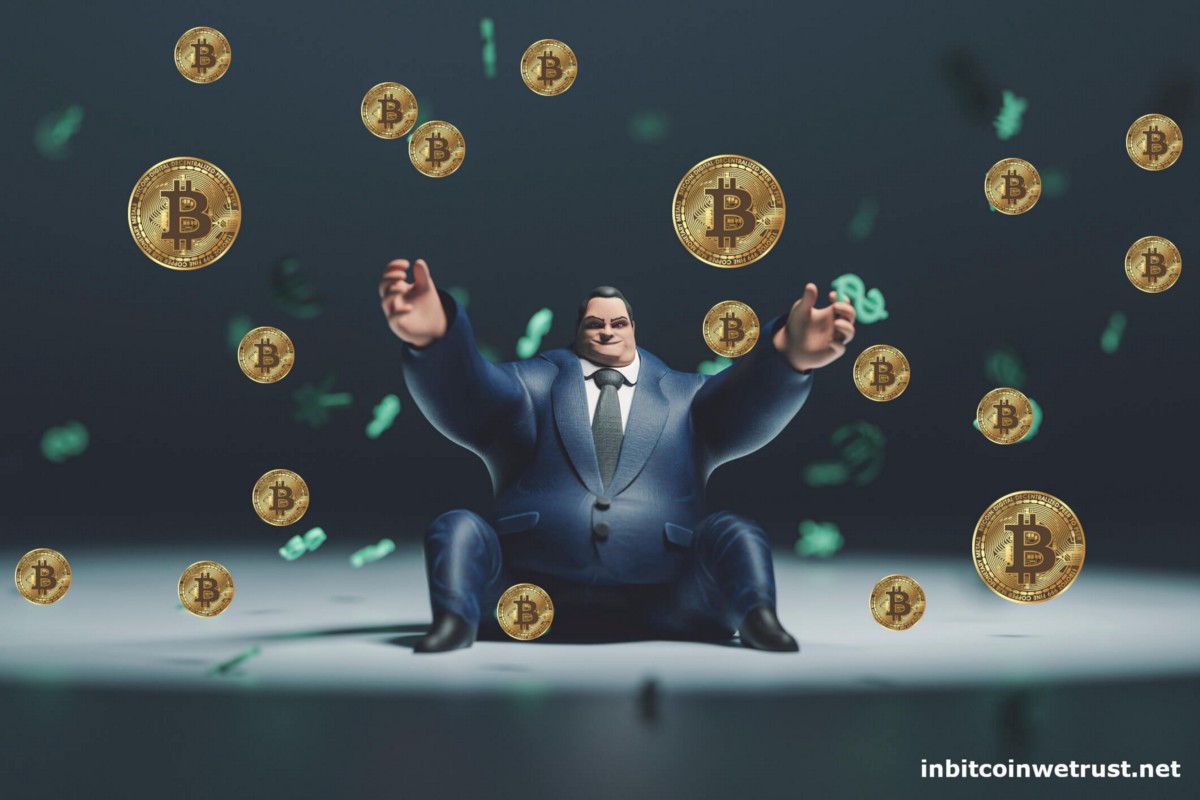 An animated illustration of a fat man sitting on floor and bitcoins are in the air