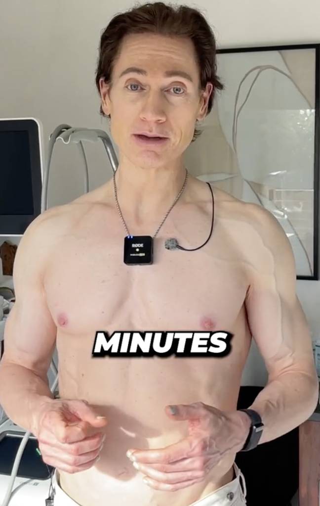 Bryan Johnson topless with minutes labeled in his chest area