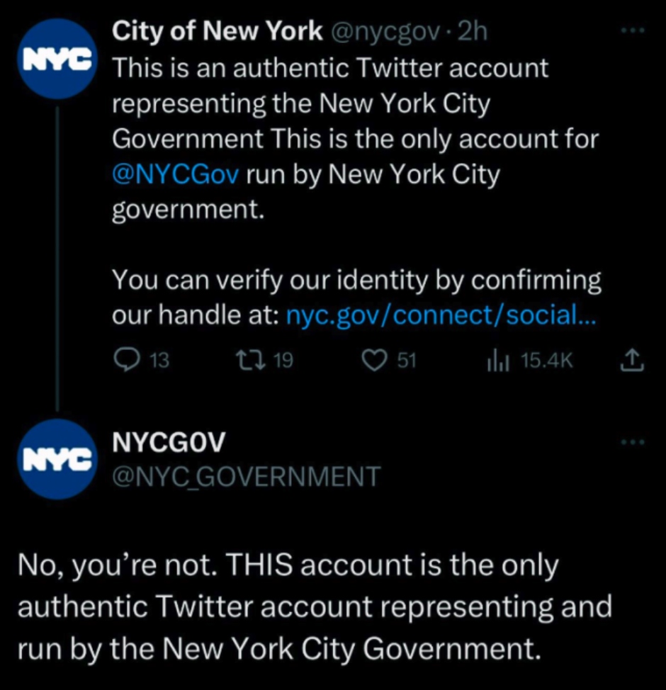 City of New York and NYCGOV Twitter blue check meme