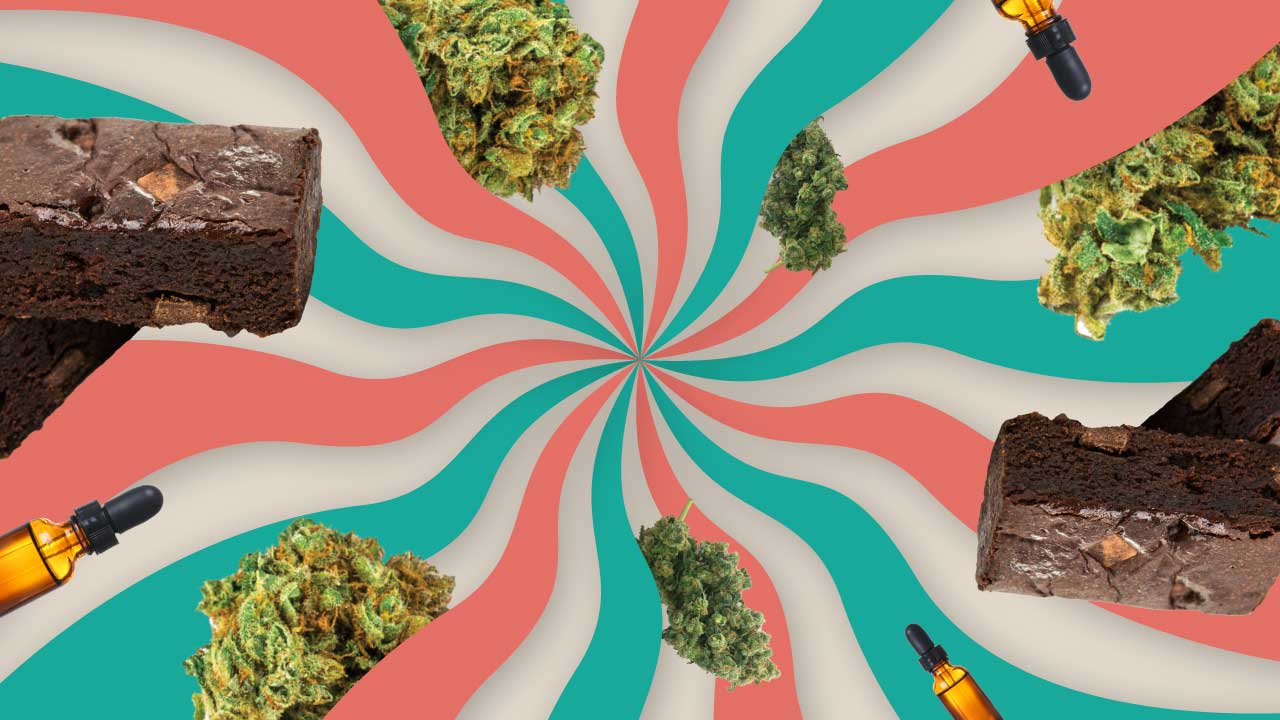 Brownie pieces, dropper bottles, and marijuana leaves on a pink and blue striped background