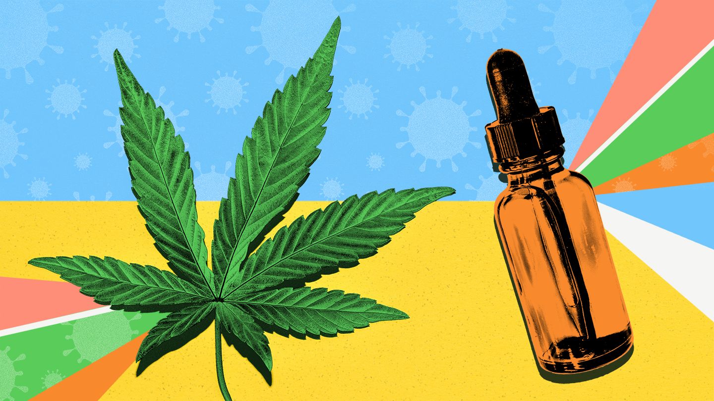 Hemp leaves and brown-orange dropper bottles on a multi-colored background