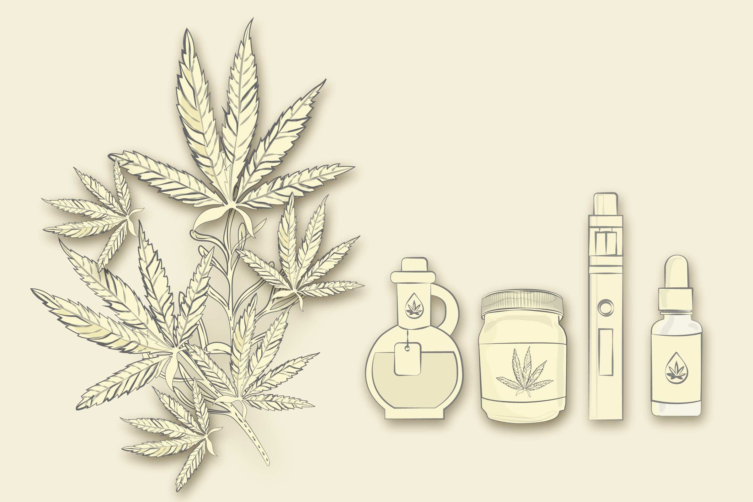 Black and white marijuana leaves cannabis containing bottles and vases