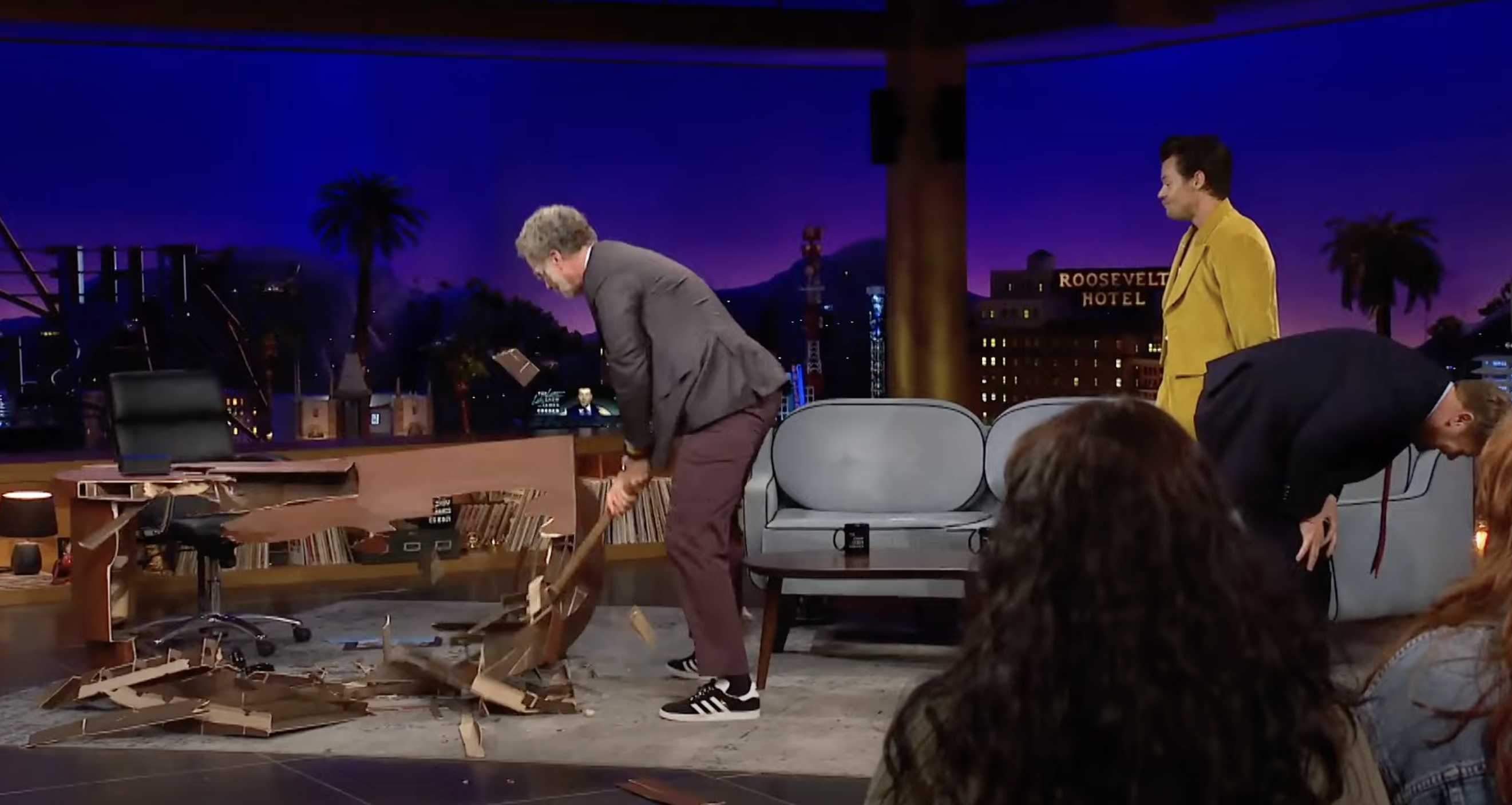 Will Ferrell And Harry Styles Demolish James Corden's Desk With Sledgehammers On Epic The Late Late Show Finale