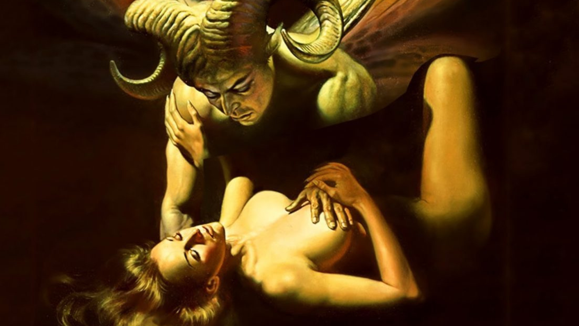 A naked woman with a demon on top of her