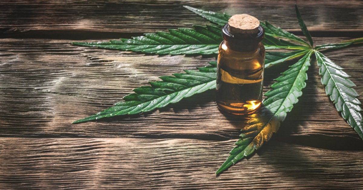 Hemp leaf and CBD oil placed on a wooden table