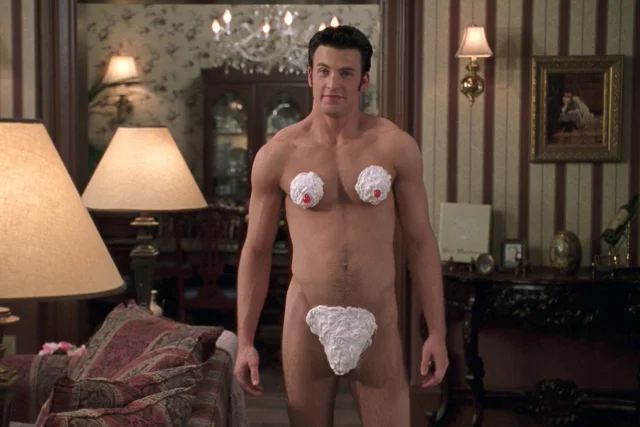 Chris Evans wearing whipped cream on his body