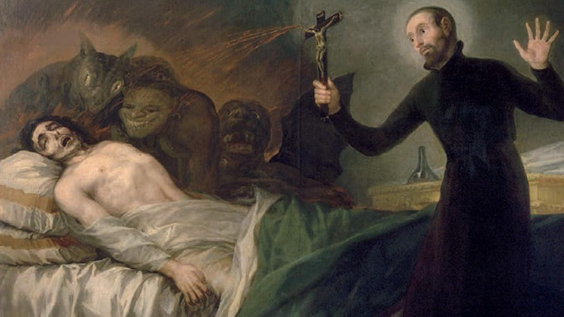 A man possessed by demons with a priest holding a cross 