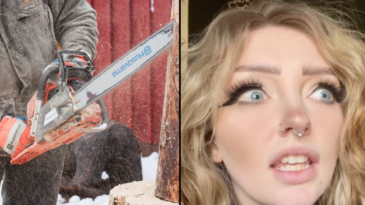 A man holding a chainsaw; A girl terrified after learning the reason why chainsaws were invented
