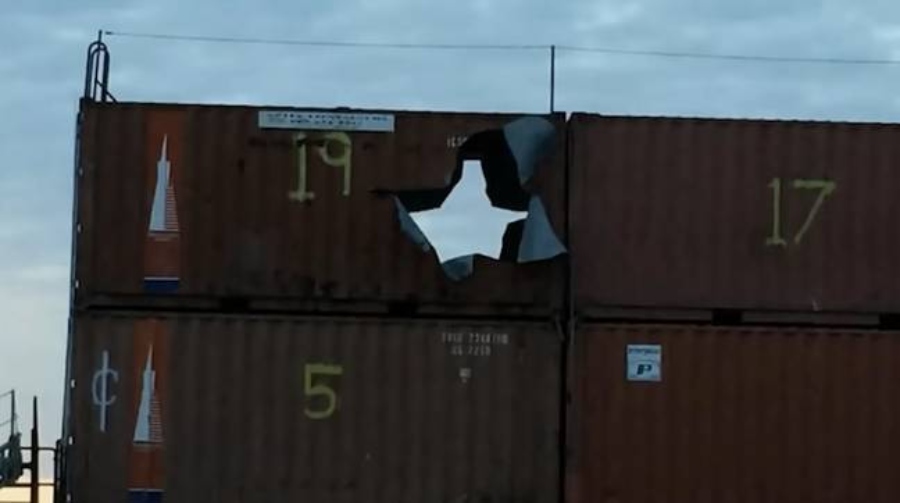 A shipped container after getting hit by a Tomahawk missile