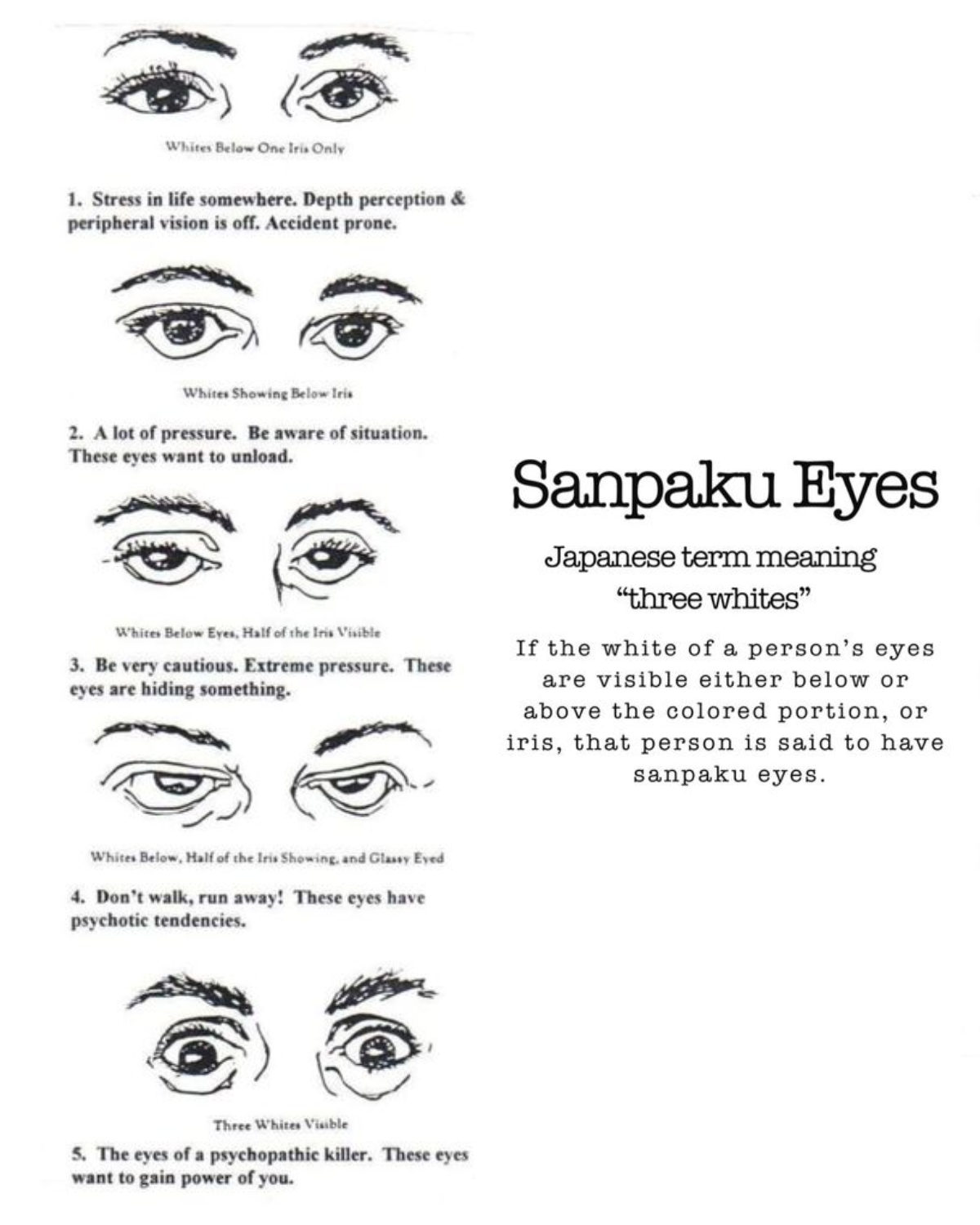 Different types of eyes according to japanese superstition on sanpaku eyes