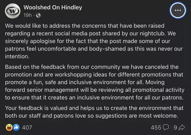 The Woolshed on Hindley Public Apology Post On Facebook