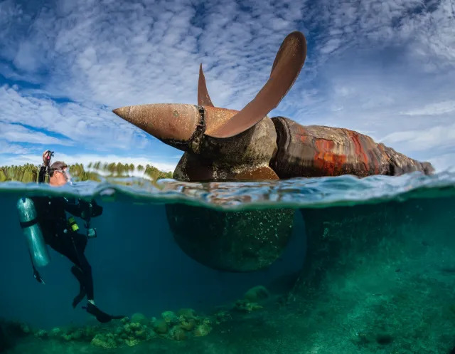 A person above water and a ship propeller that's half submerged.