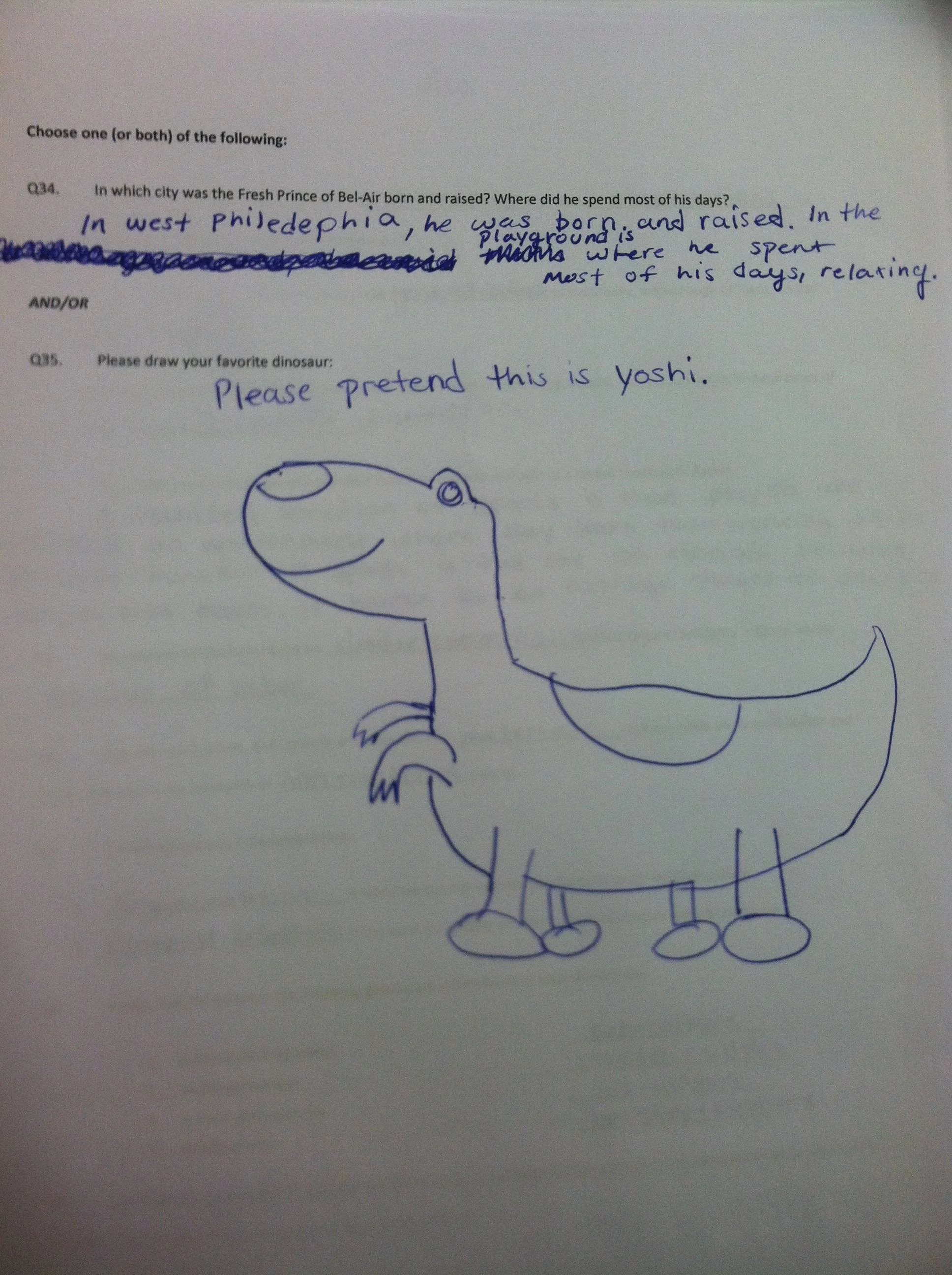 A students answered a funny extra credit question by drawing a dinosaur