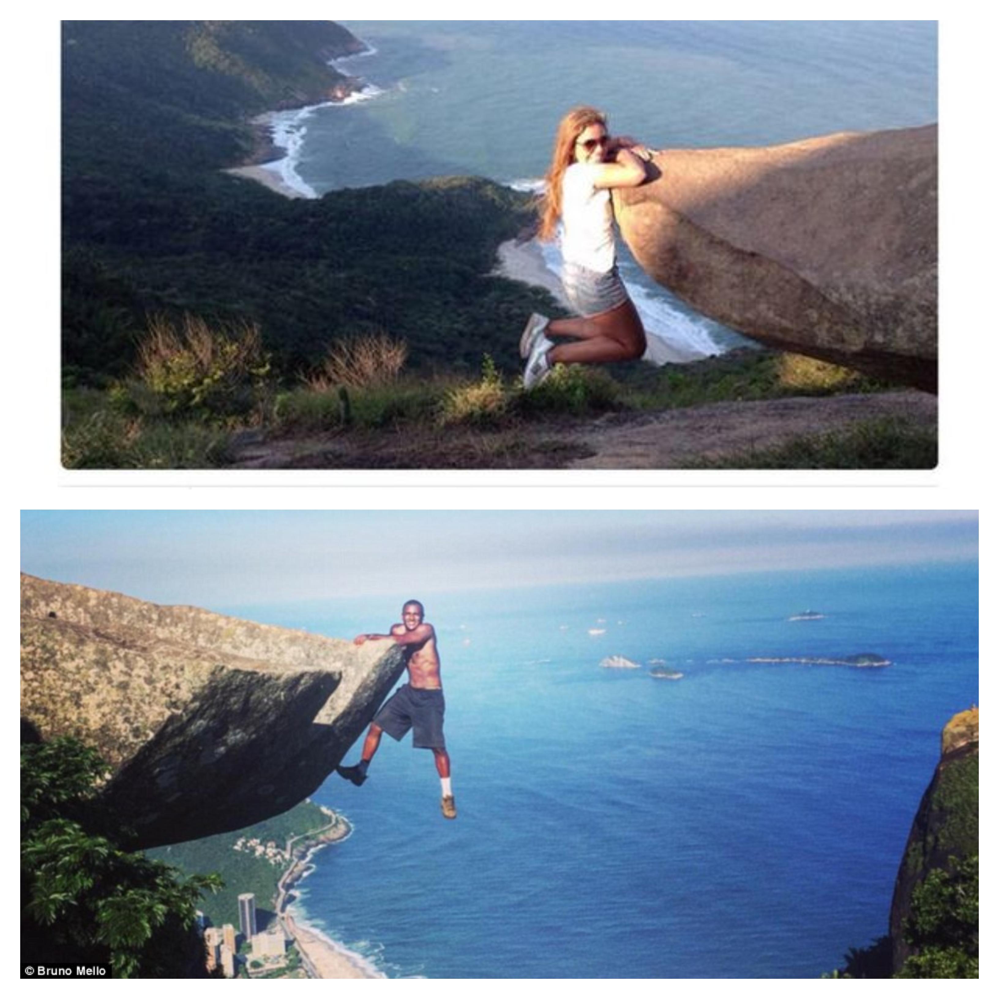 A girl hanging on a rock; a boy hanging on a rock