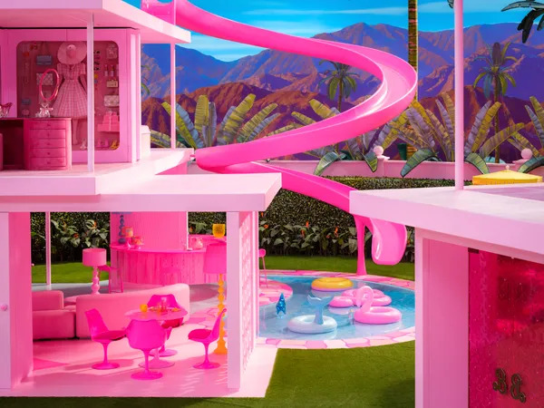 The Barbie Dreamhouse with the living and dining areas on the first level and the walk-in closet on the second