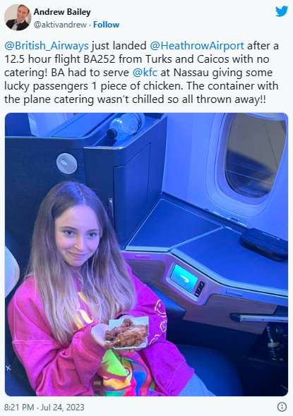 Twitter post on the lucky passenger with 2 pieces of KFc chicken.