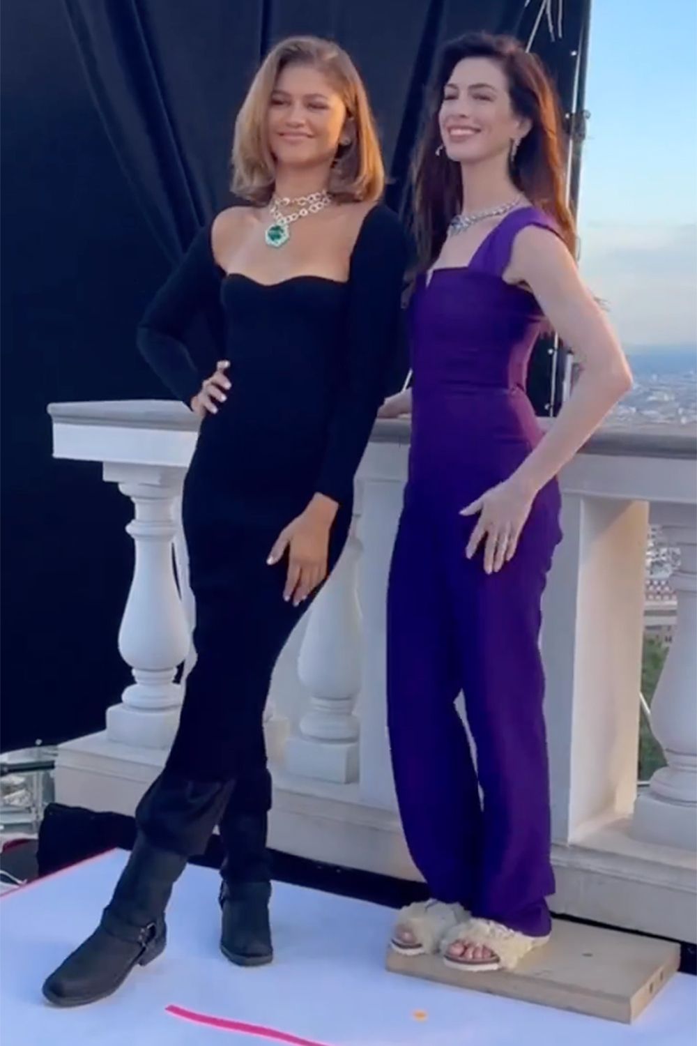 Zendaya and Anne Hathaway wearing comfy footwear during Bulgari 2023 Magnificence Never Ends campaign