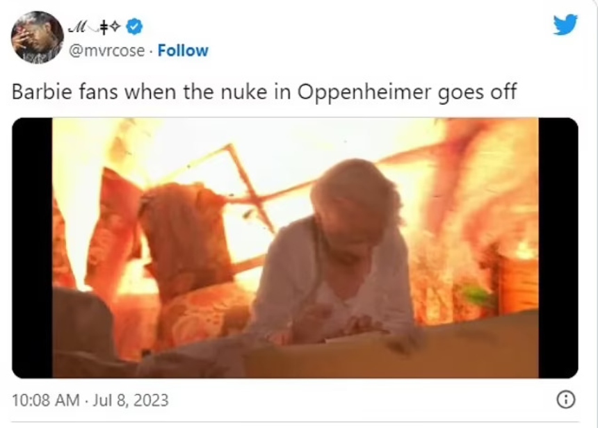 Barbenheimer meme "Barbie fans when the nuke in Oppenheimer goes off"