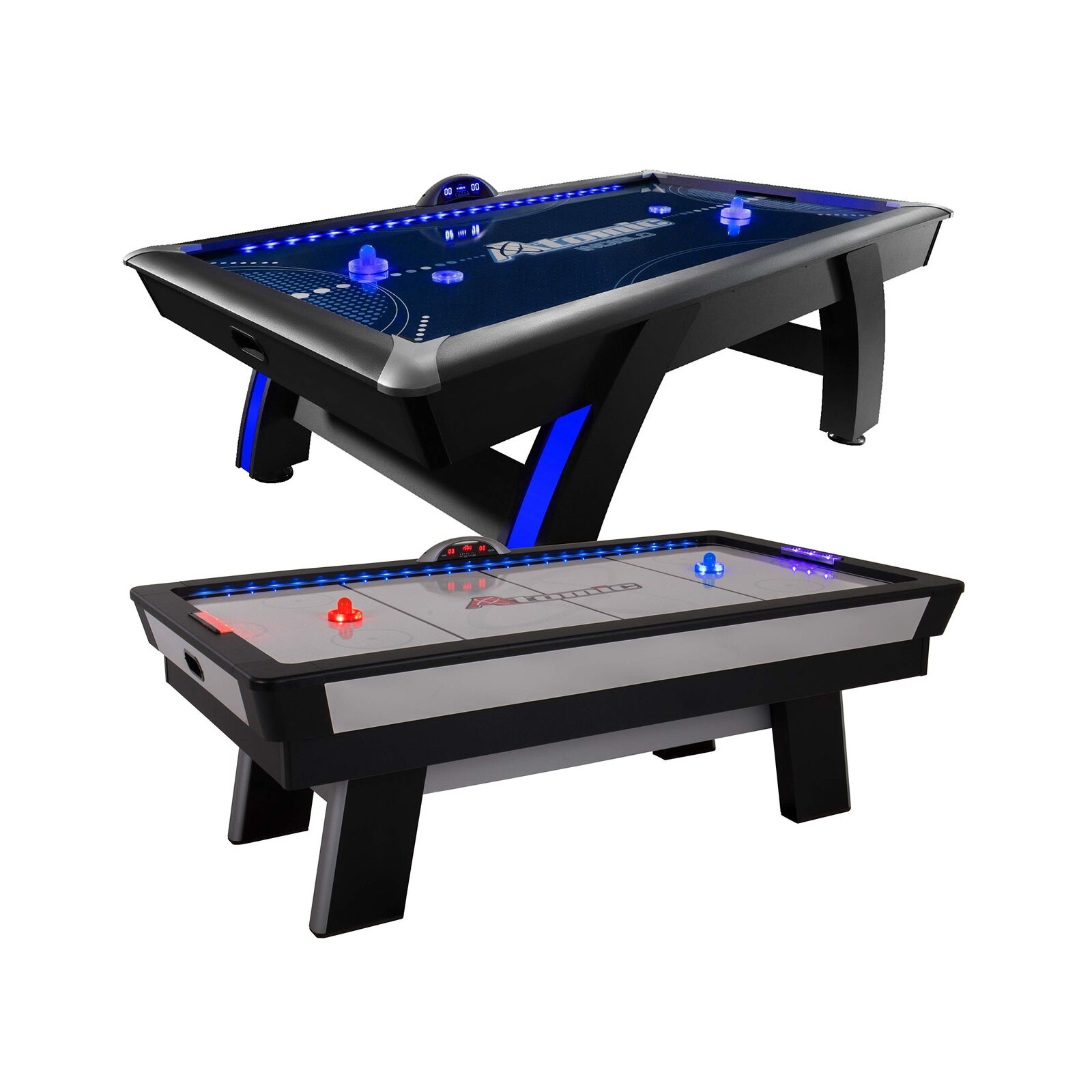 Black Atomic Top Shelf 7.5 Air Hockey Table and silver Atomic Top Shelf 7.5 Air Hockey Table