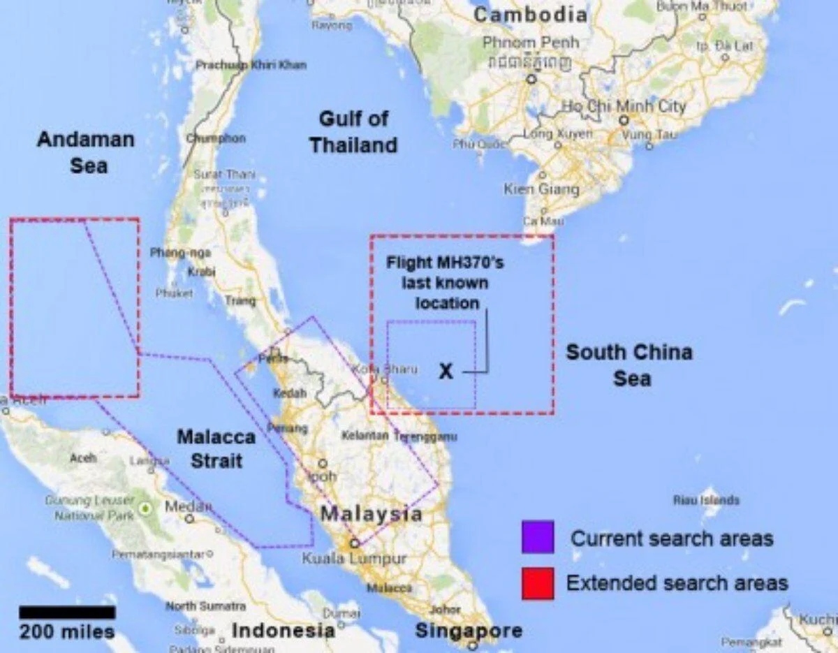 MH370 Malaysia Airlines Plane journey highlighted on map