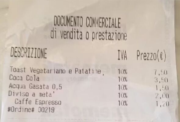 A receipt posted by the tourist to prove that there is a €2 charge for cutting the sandwich in half.