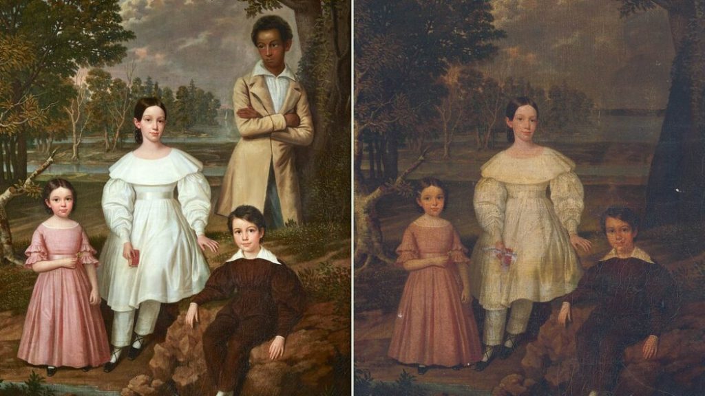 Before and after the overpainting of the Bélizaire and the Frey Children portrait