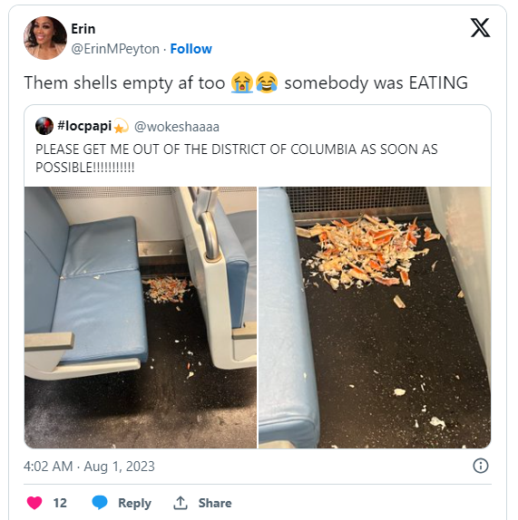 Erin tweet about the incident in which a passenger eats crab legs in train and leave the mess behind