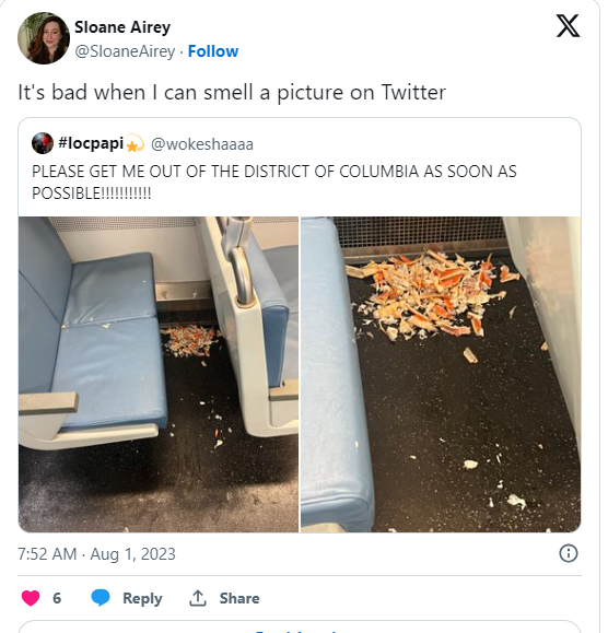 Sloane Airey reaction on crab legs mess train incident