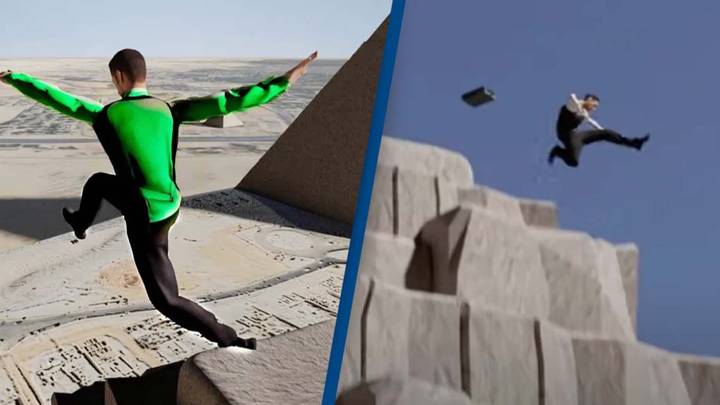 Animated person jumping off a pyramid.