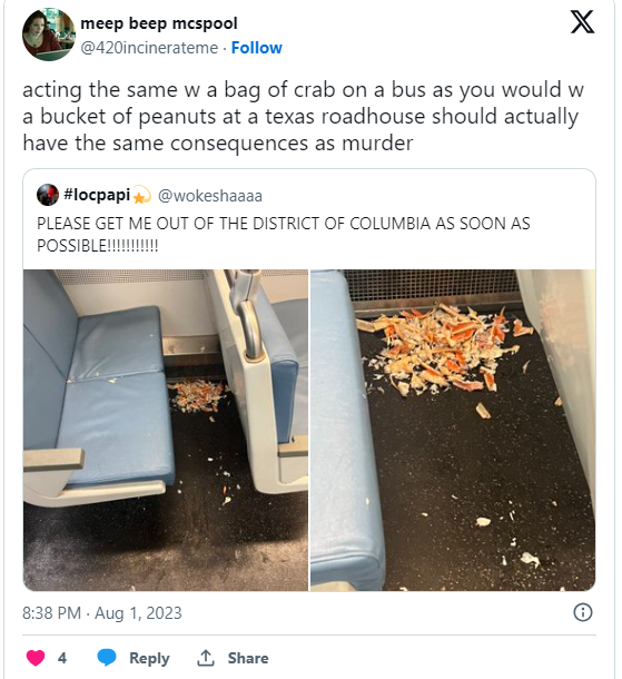 Screenshot of a user's reaction of @wokeshaaa tweet about crab legs train incident