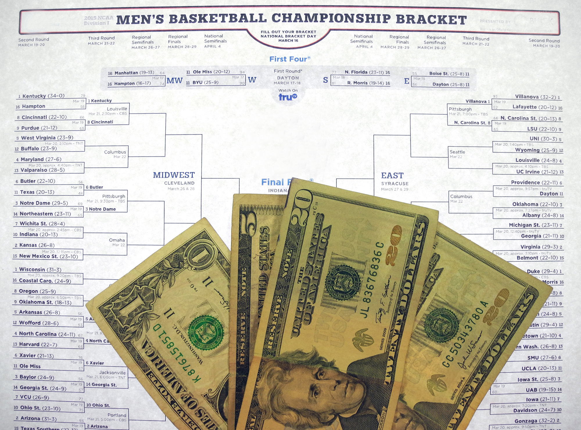 Dollars on the background of Men's Basketball Championship Bracket