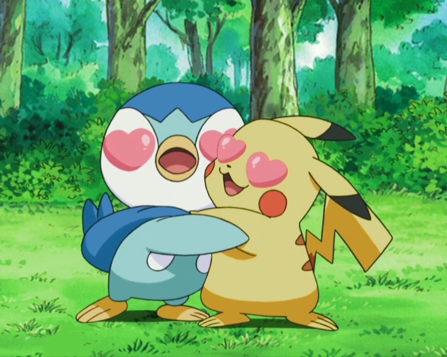 Pikachu And Piplup hugging each other