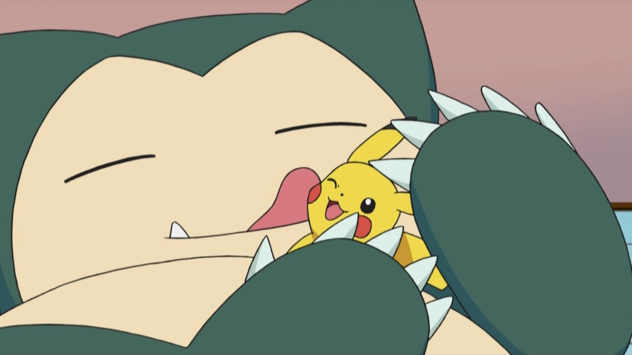 Snorlax licking Pikachu's face