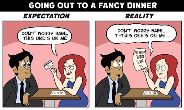 Going out on a fancy dinner expectation vs. reality meme