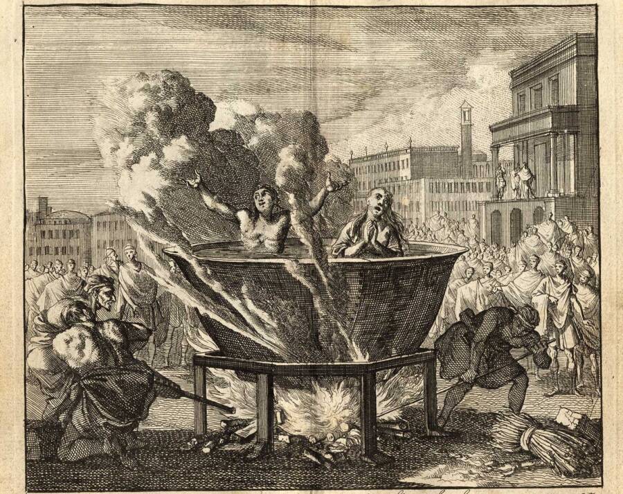 People boiled alive in large cauldron.